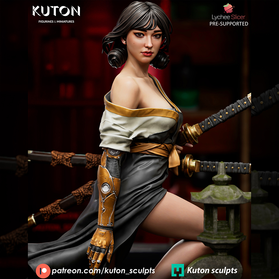 Kira Mekai resin print by Kuton Sculpts with sword, flowing outfit details, and a scenic lantern-style base