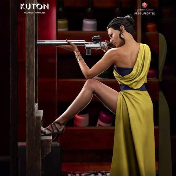 Ilsa Faust resin print by Kuton Sculpts in an elegant dress aiming a rifle, available as 1/10 scale figure or 1/9 scale bust