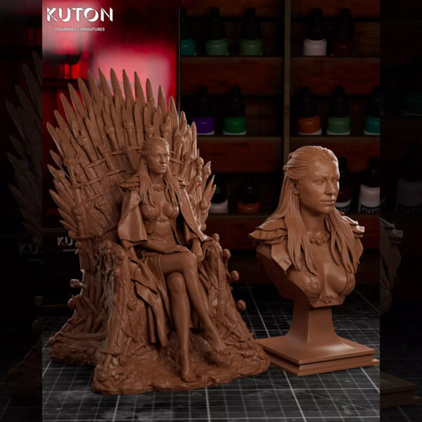 Rhaenyra resin print by Kuton Sculpts seated on an ornate throne, available as a 1/10 scale vignette or 1/9 scale bust