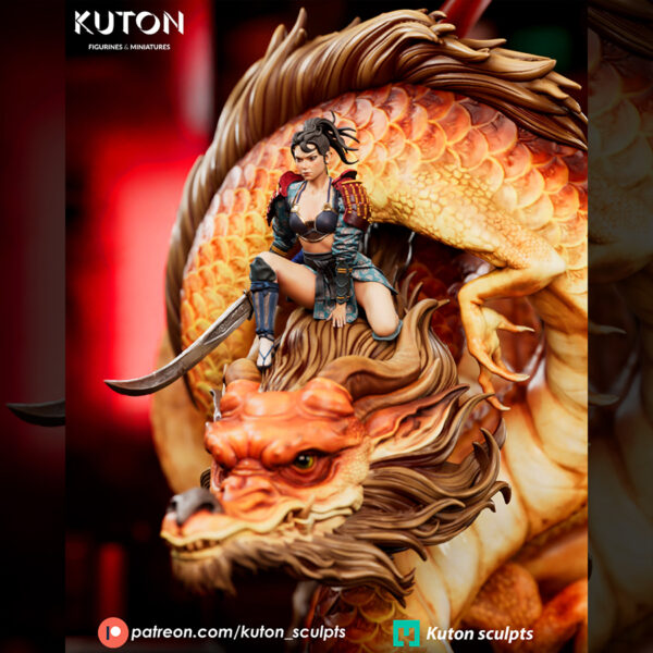 Ember Rider resin print by Kuton Sculpts, 1/9 scale fantasy dragon and rider statue on a rocky base