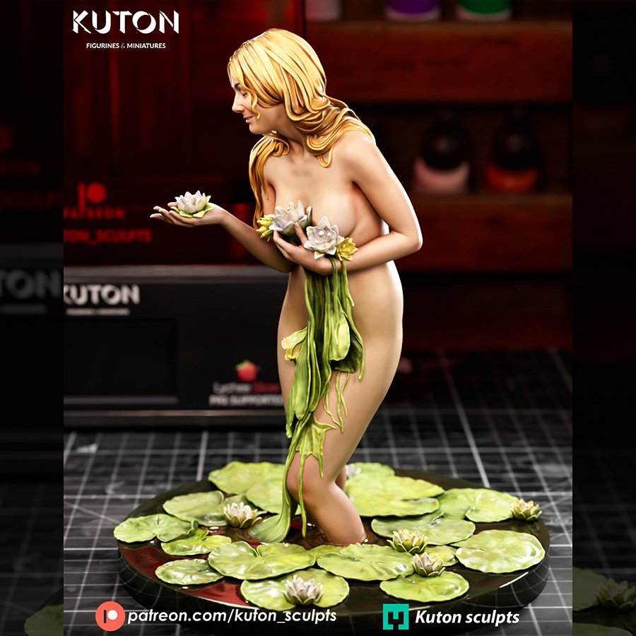 The Lily by Kuton Sculpts, 1/10 scale resin print figure standing in a pond of lily pads and water lilies on a round base