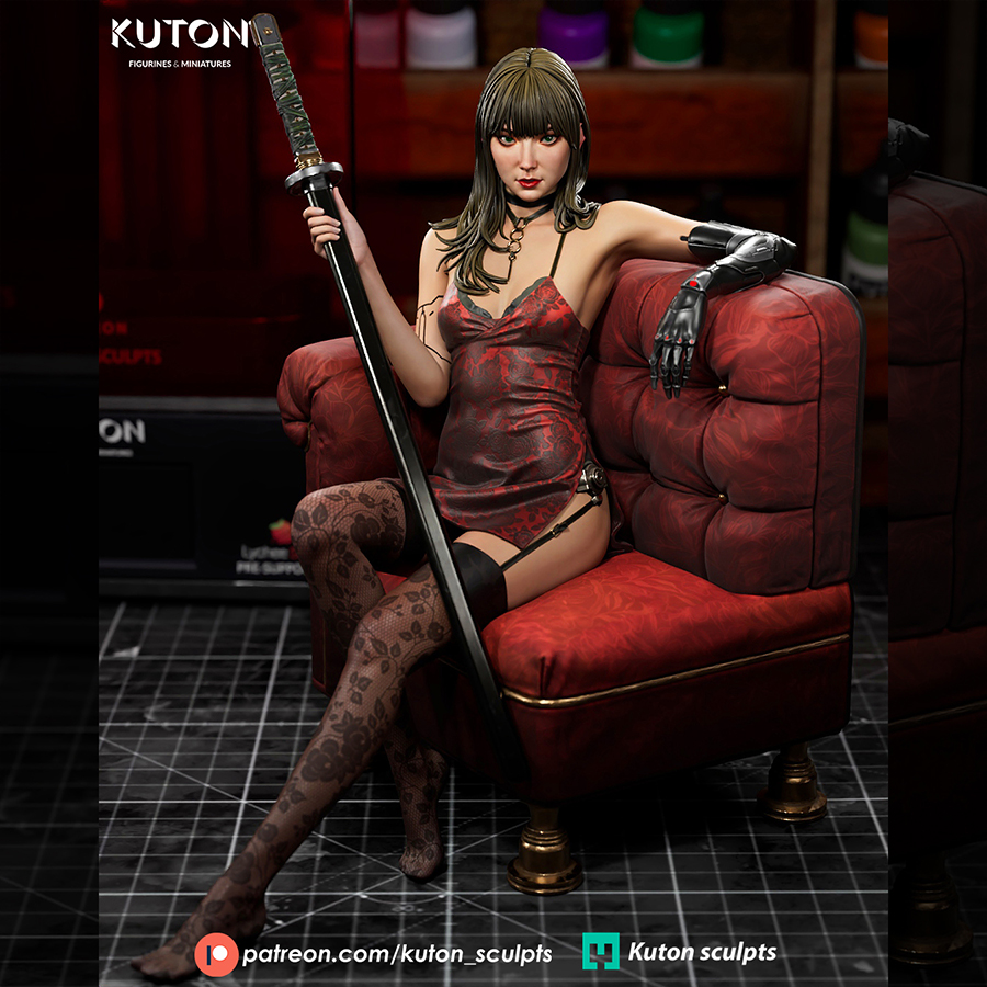 Yuriko by Kuton Sculpts, 1/10 scale resin print figure seated on a red couch holding a katana with a cybernetic arm