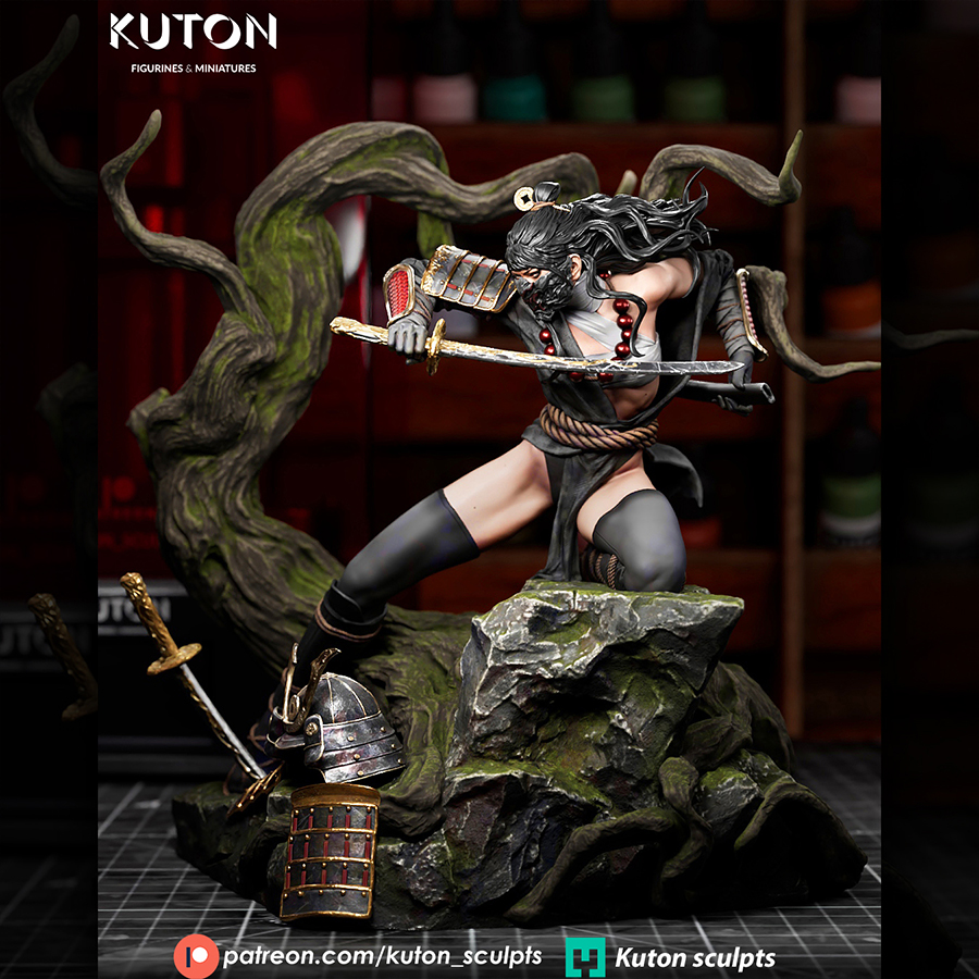 Kurohara by Kuton Sculpts, 1/10 scale resin print vignette of a masked swordswoman lunging on a rock-and-root base with twisted tree backdrop