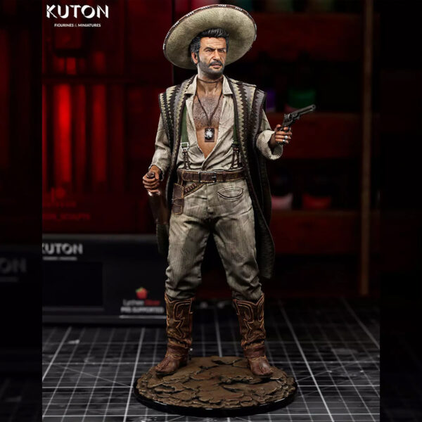 Tuco Ramirez “The Ugly” by Kuton Sculpts, resin print in 1/10 scale figure or 1/9 scale bust, western outlaw with sombrero, poncho, and revolver stance on a rocky base