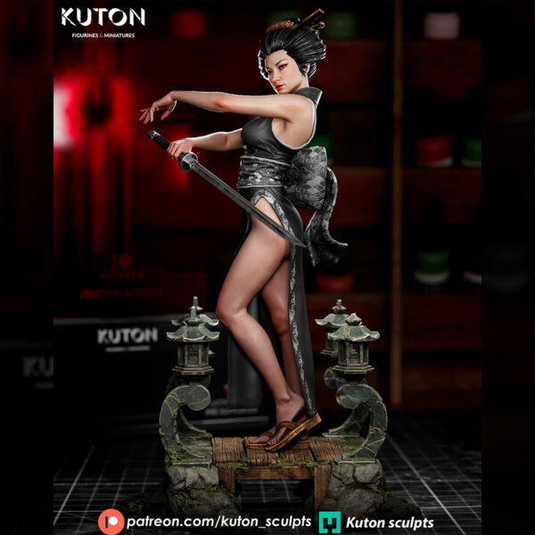 Hoshiko 3D printed resin figure by Kuton Sculpts posed with a katana on a decorative base