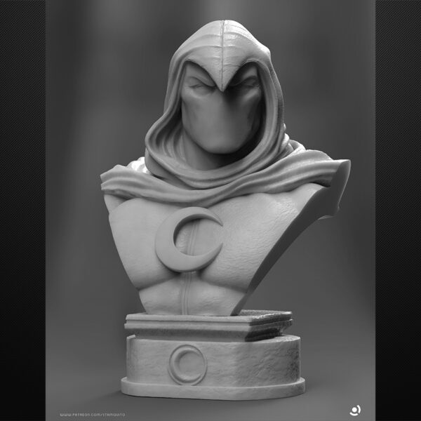 Moon Knight unpainted resin figure with flowing cape and crescent blades on a round pedestal base.