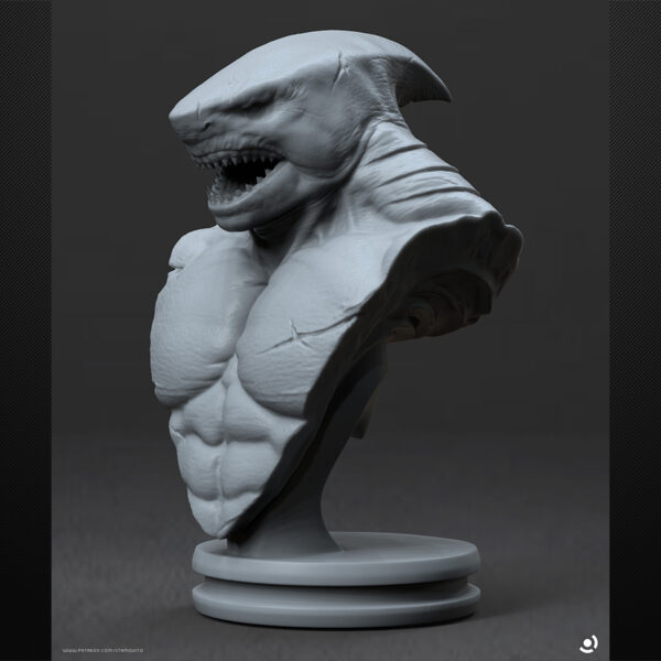 King Shark unpainted resin figure with muscular build, scars, and wide-open jaws.