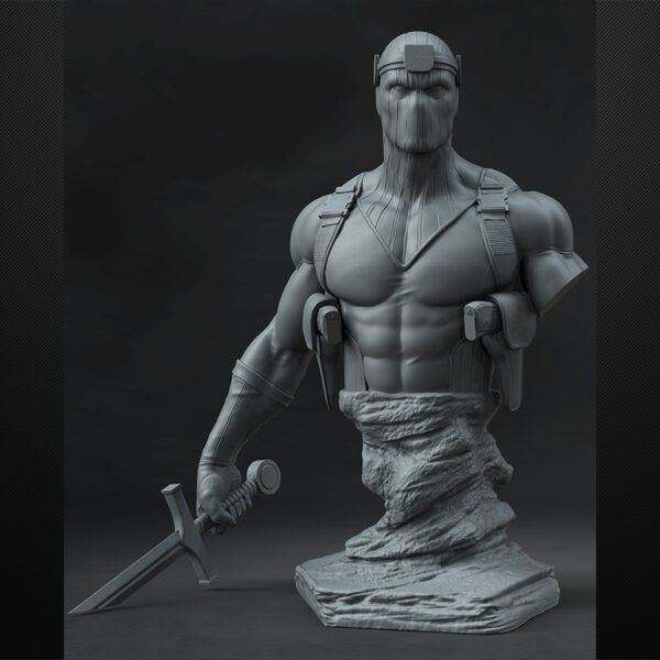 Zemo 1/6 scale figure resin print by Stalyn Quito holding a sword on a rocky base, made to order