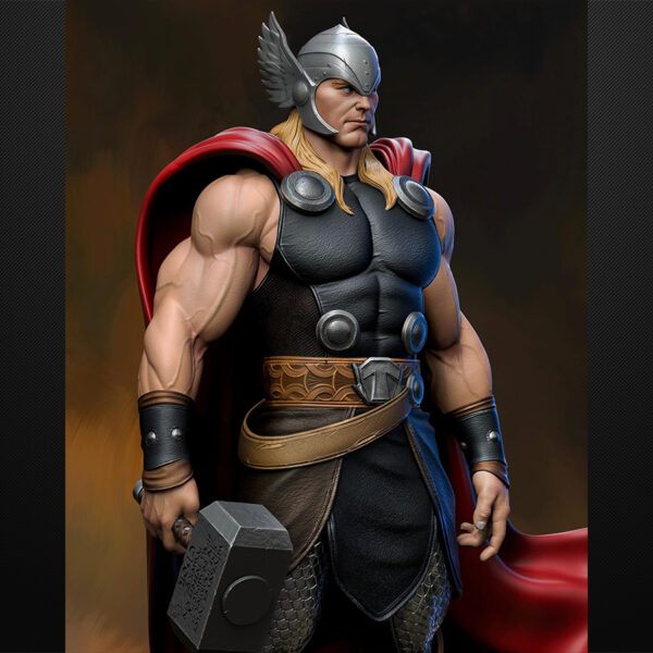 Thor 1/6 scale figure resin print by Stalyn Quito with hammer, cape, and helmet, standing on a dramatic display base