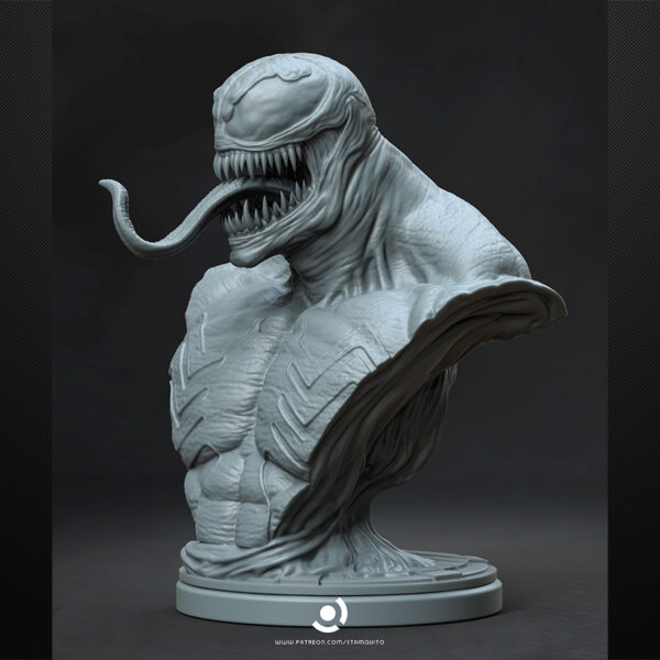 Venom 1/6 scale figure resin print by Stalyn Quito standing on an urban sewer display base with debris and slime details