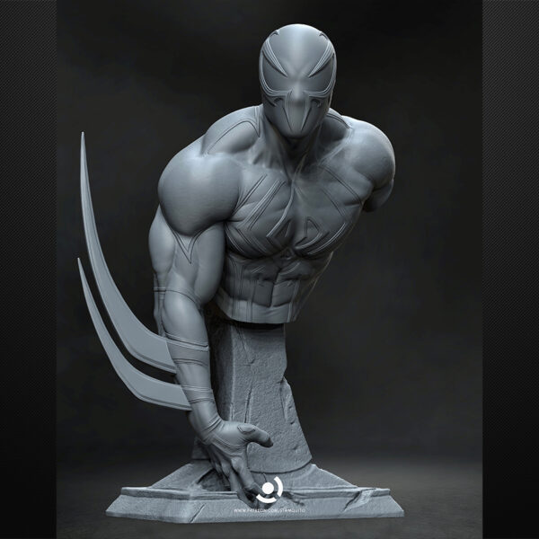 Spider-Man 2099 1/6 scale resin figure printed by HLI3DFX, sculpted by Stalyn Quito, posed on a futuristic tech-style display base