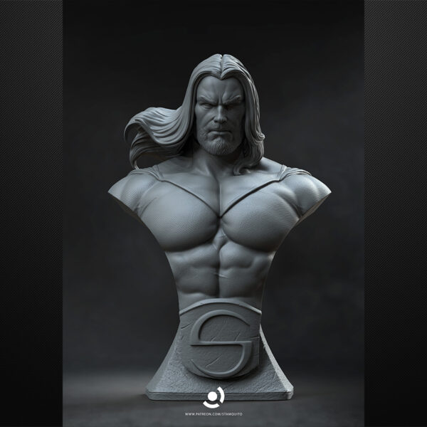 Sentry 1/6 scale resin figure printed by HLI3DFX, sculpted by Stalyn Quito, standing in a heroic pose on a display base with a defeated creature below