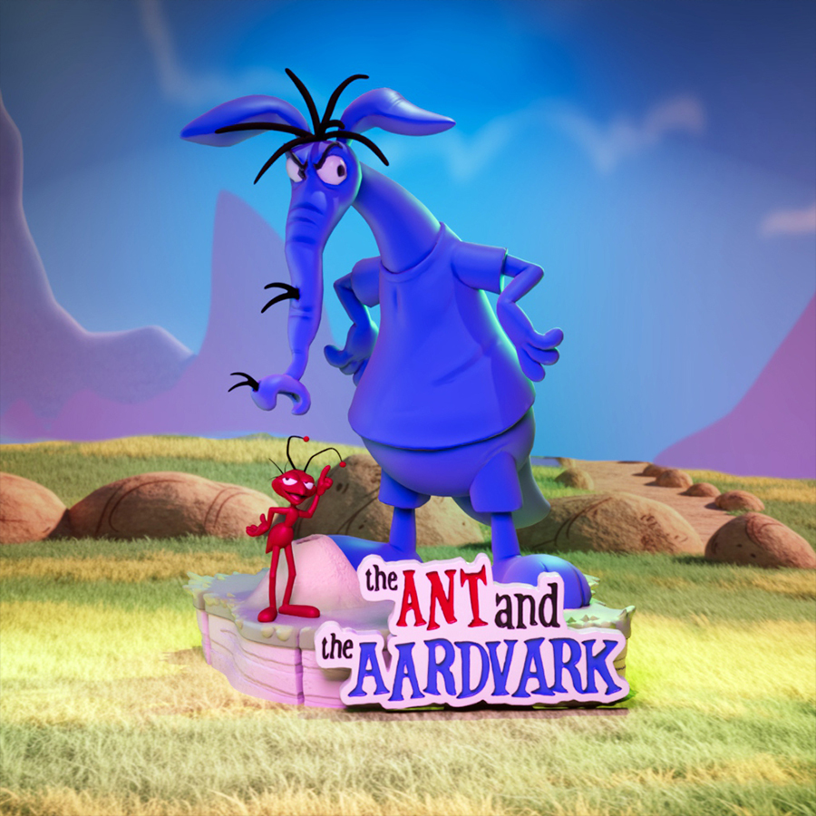 The Ant And The Ardvark resin figure set printed by HLI3DFX, sculpted by UEL Winner, featuring both characters on a themed display base with logo sign