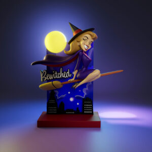 Bewitched resin figure printed by HLI3DFX, sculpted by UEL Winner, featuring a witch on a broom in front of a moonlit skyline backdrop with logo display base