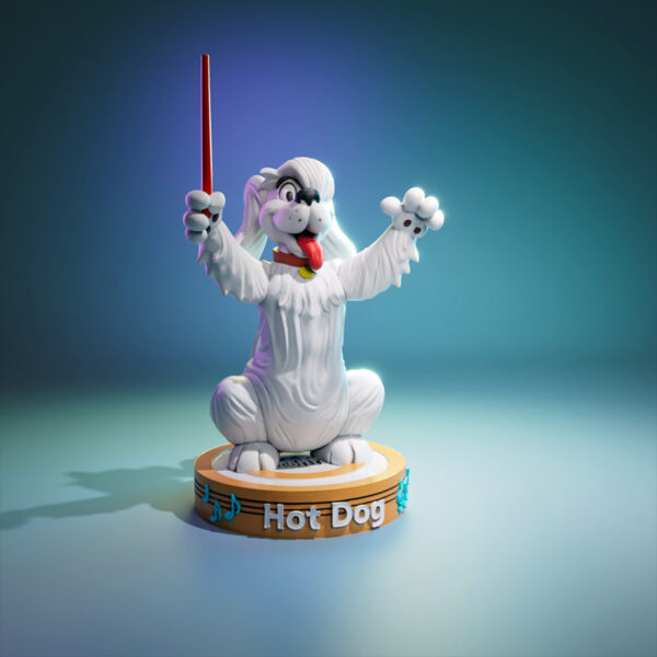 Hot Dog resin figure printed by HLI3DFX, sculpted by UEL Winner, featuring a cartoon dog holding a baton on a round display base with Hot Dog nameplate