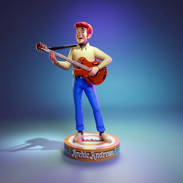 Archie resin figure printed by HLI3DFX, sculpted by UEL Winner, featuring a smiling cartoon guitarist standing on a round display base with Archie nameplate and music notes