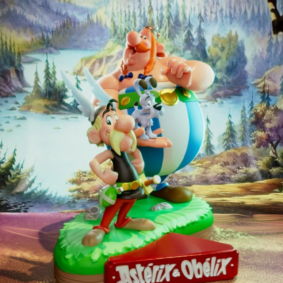 Asterix And Obelix resin figure set printed by HLI3DFX, sculpted by UEL Winner, featuring multiple cartoon characters on a scenic base with nameplate
