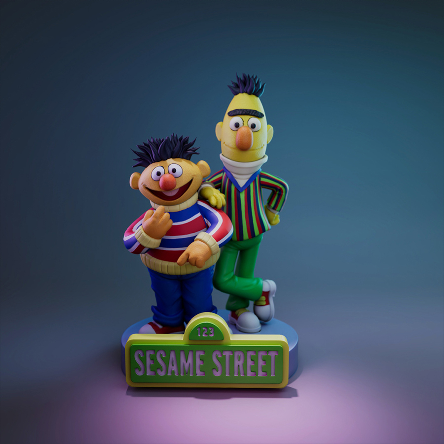 Bert And Ernie resin figure set printed by HLI3DFX, sculpted by UEL Winner, featuring two cartoon characters on a display base with sign-style nameplate