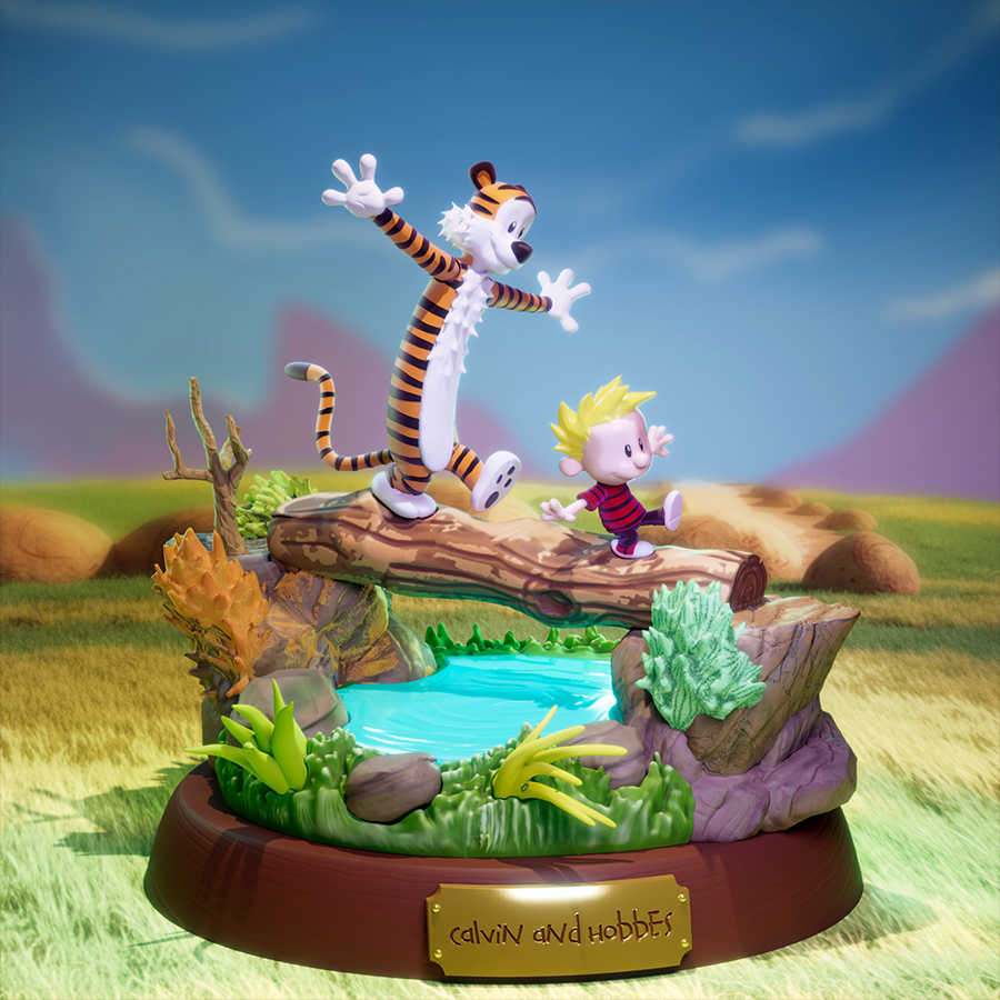 Calvin and Hobbes cartoon diorama resin print with scenic base and pond, made to order by HLI3DFX.