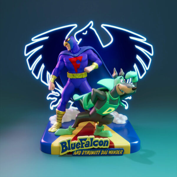 Blue Falcon and Dynomutt Dog Wonder resin print vignette with logo base and glowing backdrop, includes extra Dynomutt head and arms (UEL Winner)