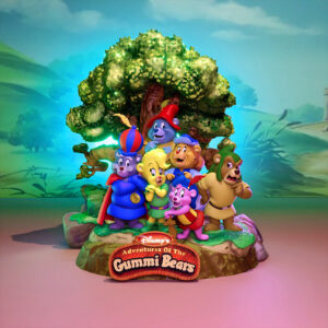 Gummi Bears resin 3D print diorama group scene with tree backdrop and logo sign, 13.5 inches tall (UEL Winner).