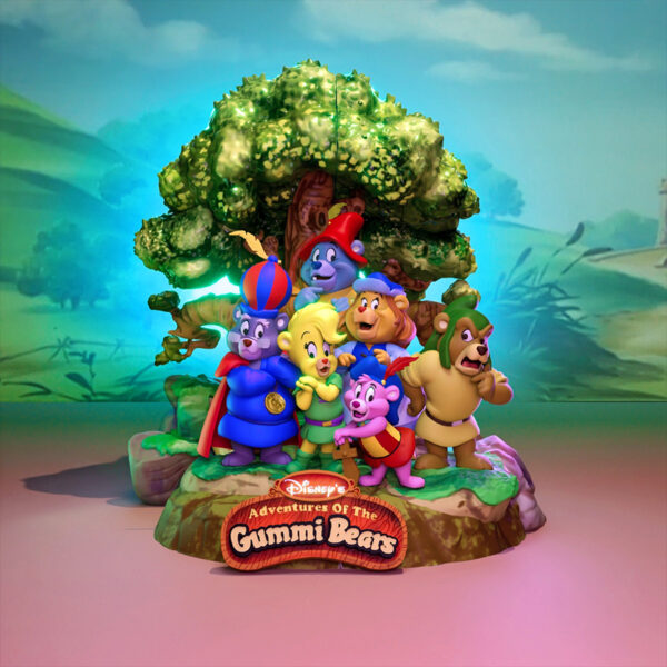 Gummi Bears resin 3D print diorama group scene with tree backdrop and logo sign, 13.5 inches tall (UEL Winner).