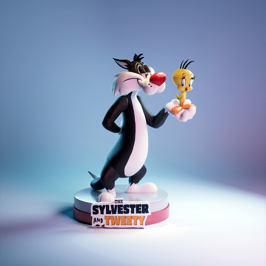 UEL Winner Sylvester and Tweety stylized resin print figure on display base with nameplate