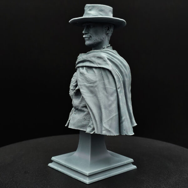 Blondie “The Good” 1/9 scale resin bust kit by Kuton Sculpts, produced by HLI3DFX, unpainted and unassembled with base, poncho, jacket, head, and hat.