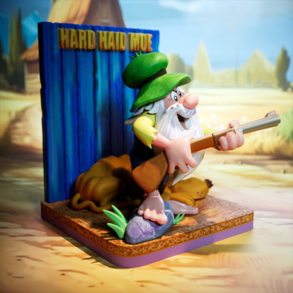Hard Haid Moe stylized cartoon character with shotgun and hound dog on scenic base, UEL Winner resin print