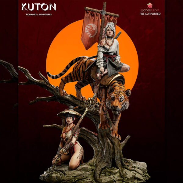 Kuton Sculpts Kohana and Raion original fantasy 1/10 scale resin print diorama with tiger and tree base, unpainted kit.