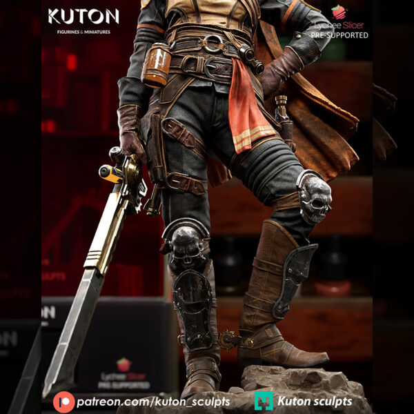 Crankshot 1/10 scale resin print by Kuton Sculpts, sci-fi gunslinger figure with hat and oversized blade.