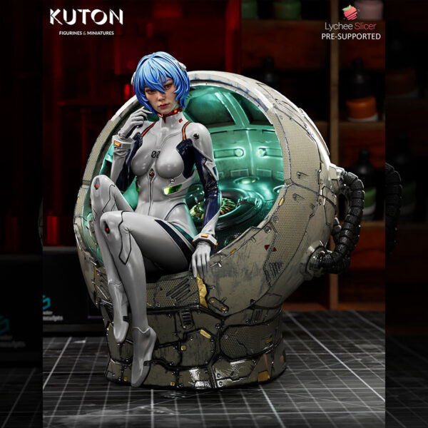 Rei Ayanami 1/10 scale resin print by Kuton Sculpts, seated figure with sci-fi pod base.