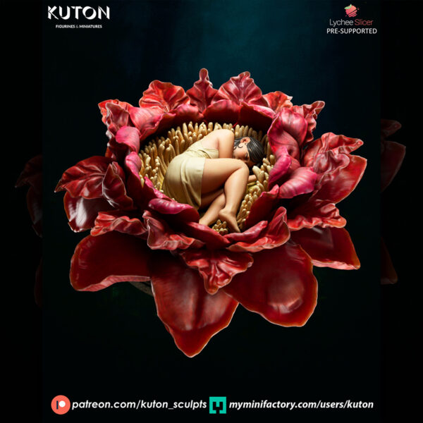 Himlay 1/10 scale resin print by Kuton Sculpts, sleeping figure curled inside a large flower.