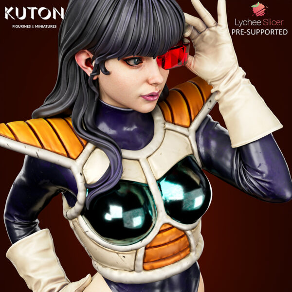 Radzella resin print by Kuton Sculpts with sci-fi armor suit and visor detail on a rocky display base