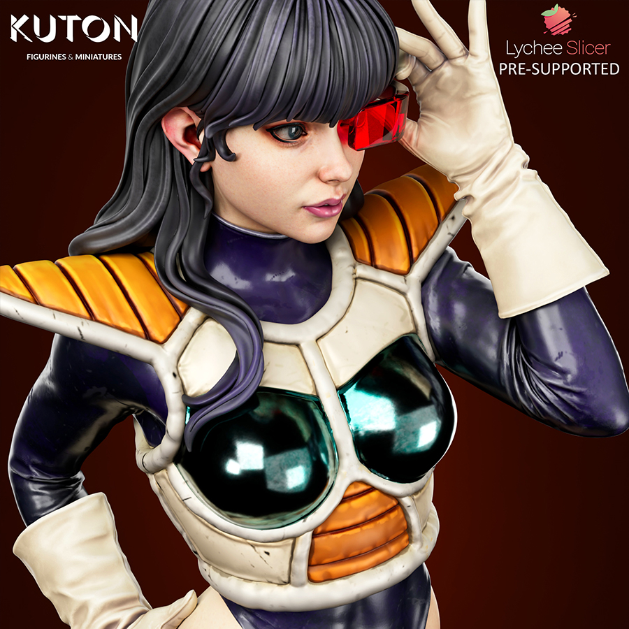 Radzella resin print by Kuton Sculpts with sci-fi armor suit and visor detail on a rocky display base