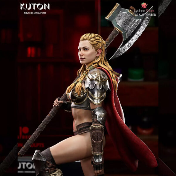 Eydis Thorne resin print by Kuton Sculpts with fantasy armor, cape, and battle axe on a rocky base