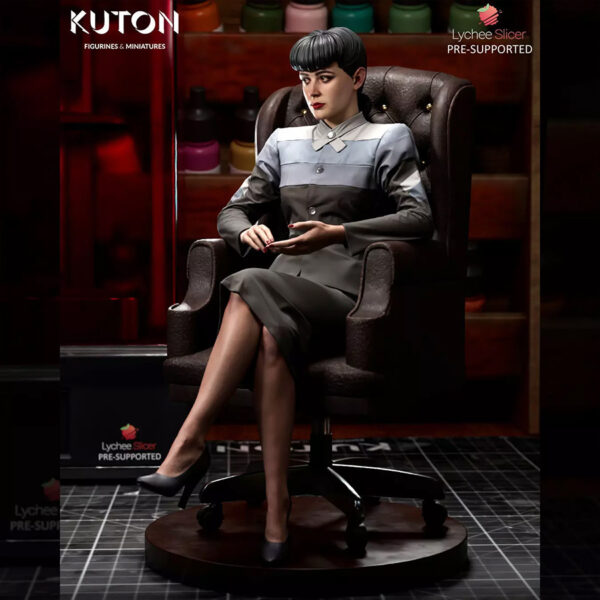 Rachael inspired by Blade Runner resin print by Kuton Sculpts seated in an office chair, available as 1/10 scale figure or 1/9 scale bust