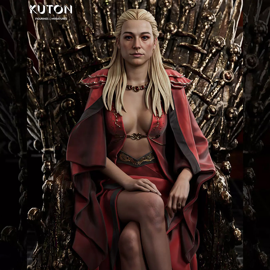Rhaenyra resin print by Kuton Sculpts seated on an ornate throne, available as a 1/10 scale vignette or 1/9 scale bust