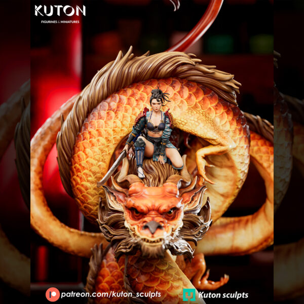 Ember Rider resin print by Kuton Sculpts, 1/9 scale fantasy dragon and rider statue on a rocky base