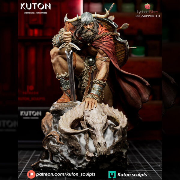 Draven by Kuton Sculpts, 1/10 scale resin print warrior crouched on a rocky base with sword, cloak, and ram skull trophy