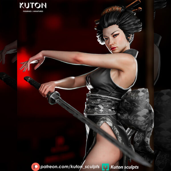 Hoshiko 3D printed resin figure by Kuton Sculpts posed with a katana on a decorative base