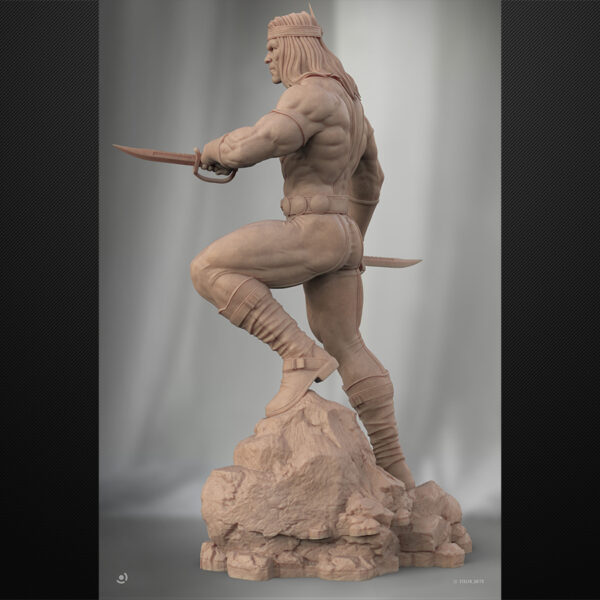 Warpath 1/6 scale resin print with dual knives, two head options, and optional bear or rock base (unpainted render)