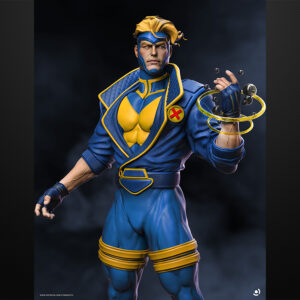 Havok resin figure in blue and yellow suit with energy rings over a tech-debris base.