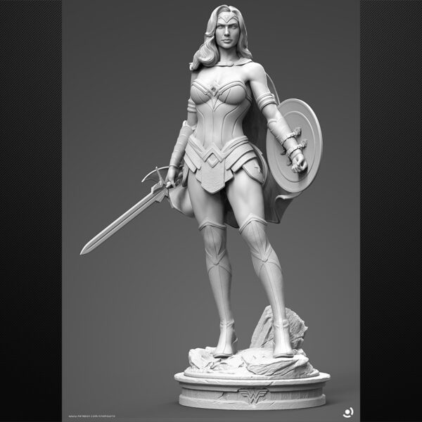 Wonder Woman resin figure with sword and shield on a rocky base, with optional cape.