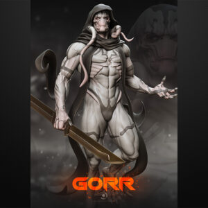 Gorr resin figure on a rocky base with sword and two head options.