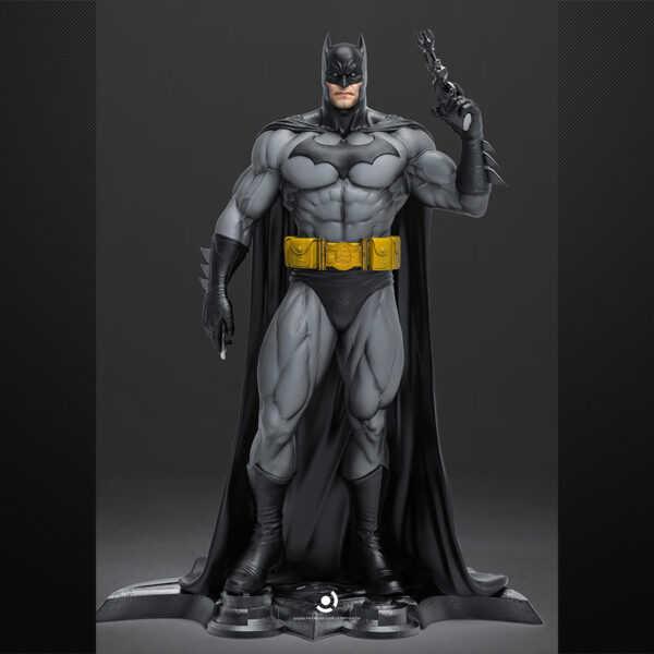 Batman 1/6 scale figure resin print by Stalyn Quito with cape and utility belt, standing on a display base