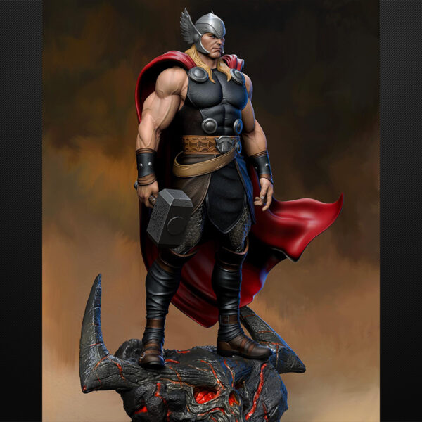 Thor 1/6 scale figure resin print by Stalyn Quito with hammer, cape, and helmet, standing on a dramatic display base