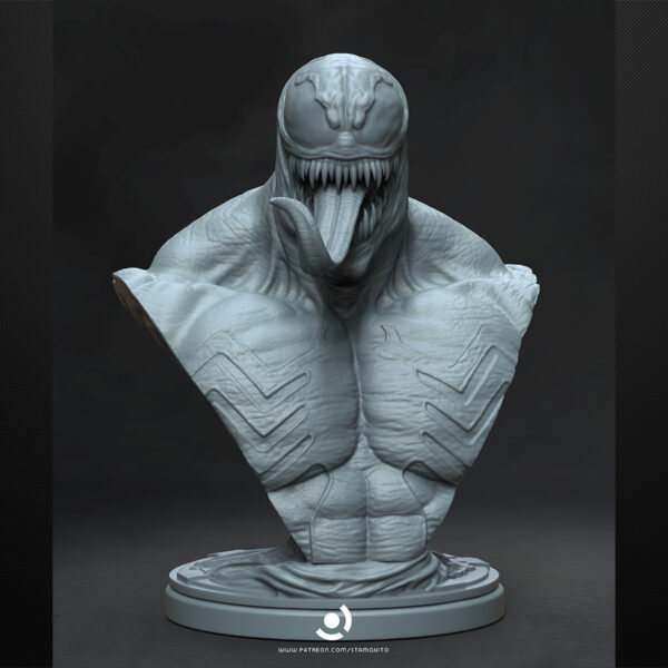 Venom 1/6 scale figure resin print by Stalyn Quito standing on an urban sewer display base with debris and slime details