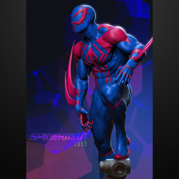Spider-Man 2099 1/6 scale resin figure printed by HLI3DFX, sculpted by Stalyn Quito, posed on a futuristic tech-style display base