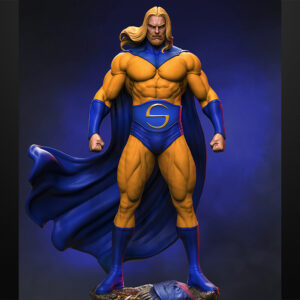 Sentry 1/6 scale resin figure printed by HLI3DFX, sculpted by Stalyn Quito, standing in a heroic pose on a display base with a defeated creature below